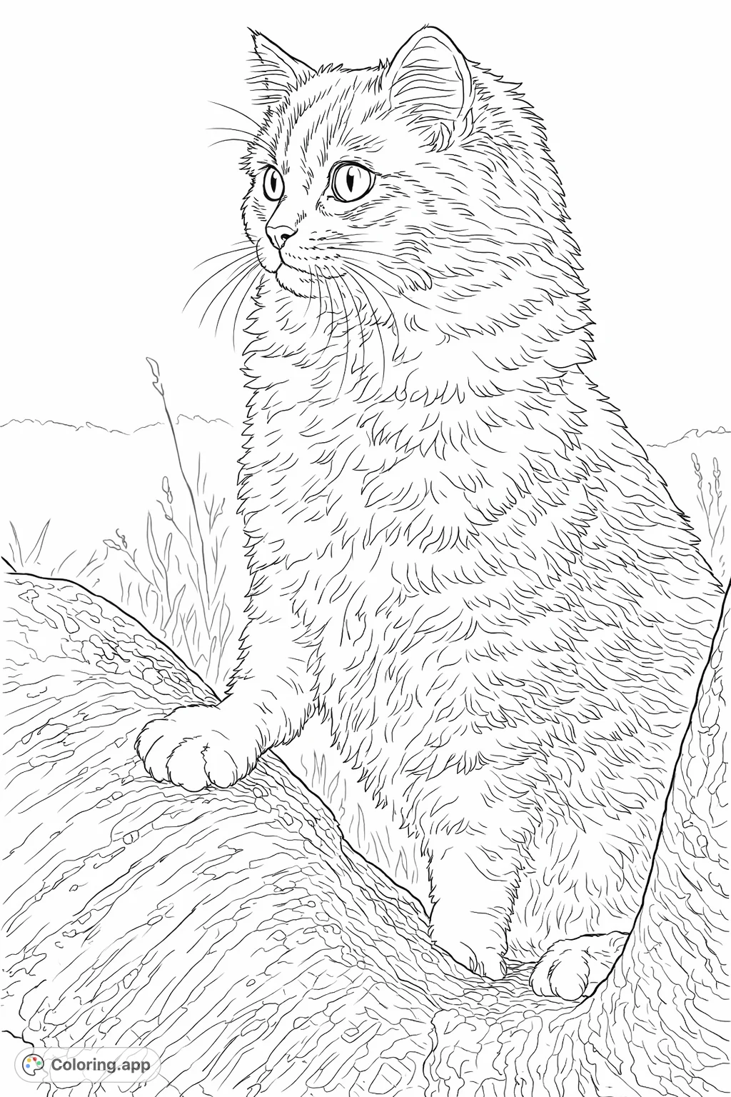 A charming coloring page featuring a curious cat with folded ears perched on a textured tree log. Perfect for cat lovers seeking a delightful creative challenge.