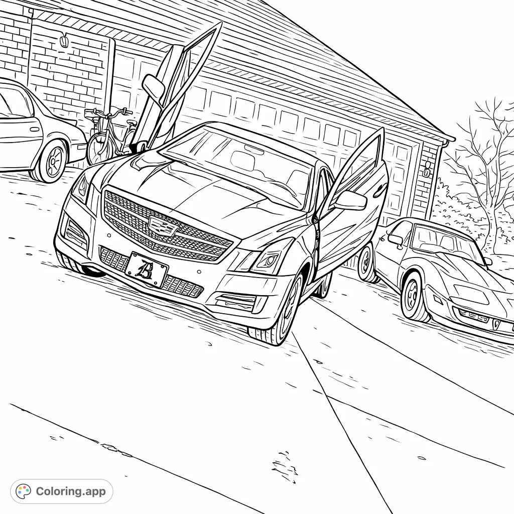 Explore this detailed custom cars coloring page featuring a modern sedan with unique doors, a classic sports car, and a dirt bike.