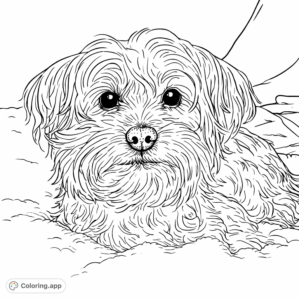 Color a charming fluffy puppy resting comfortably, featuring intricate fur textures and expressive eyes, perfect for dog lovers of all ages.
