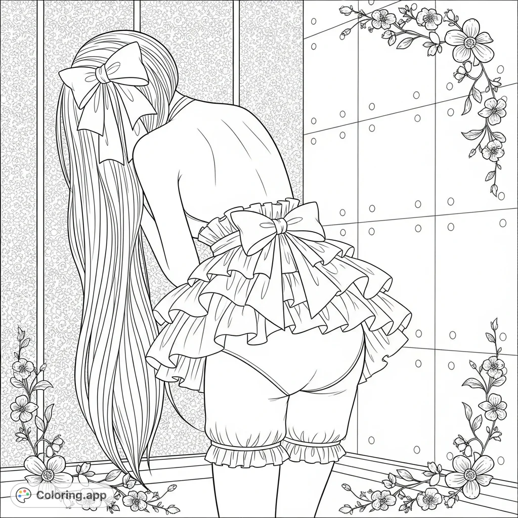 An elegant figure, viewed from the back, adorned in voluminous ruffles and bows, with flowing hair and a detailed background. A delicate and enchanting design for creative expression.