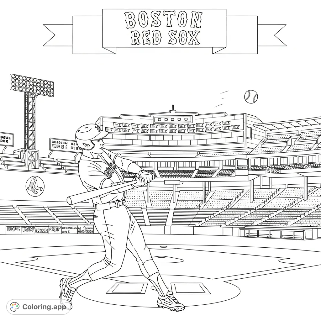 Immerse yourself in the excitement of baseball with this detailed Boston Red Sox coloring page, featuring iconic team elements and historic Fenway Park.