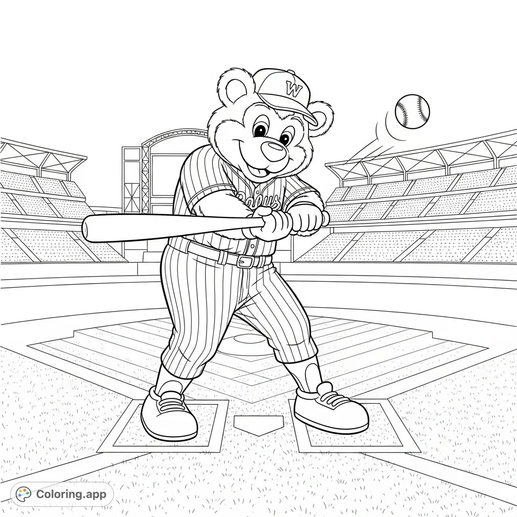 A dynamic Boston Red Sox Wally coloring page, featuring the mascot mid-swing on a baseball field. Perfect for sports fans and free printable coloring page enthusiasts!