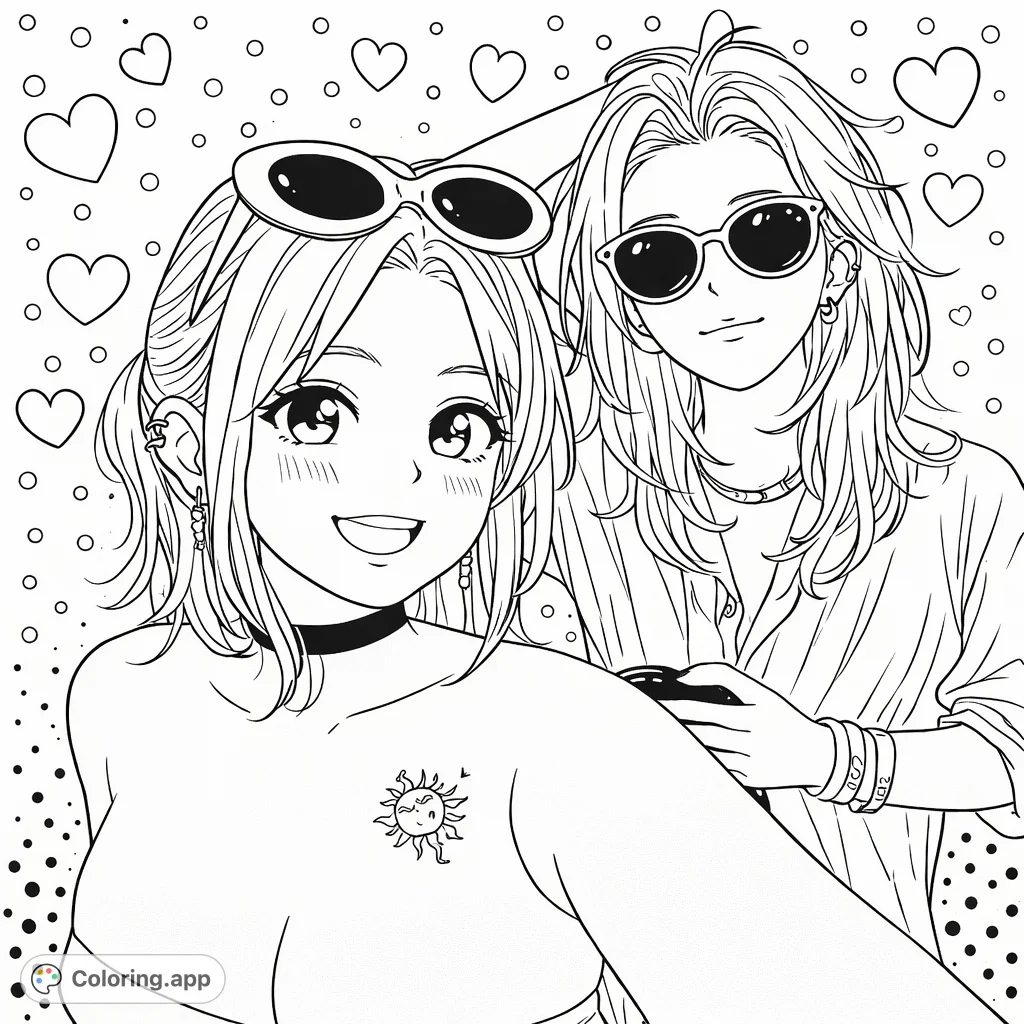 Two stylish friends in an anime-inspired scene, featuring decorative heart patterns and a playful polka dot background. A free printable coloring page!