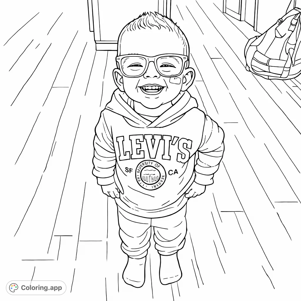 Capture the joy of childhood with this adorable portrait of a smiling toddler in glasses and a comfy outfit. A heartwarming and engaging coloring page.