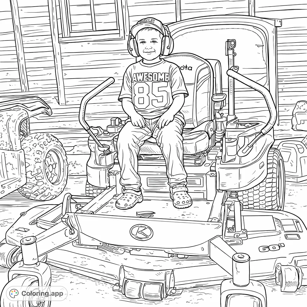 A young child proudly seated on a powerful riding lawn mower, wearing protective gear, ready for a day of outdoor work. Perfect for machine enthusiasts.