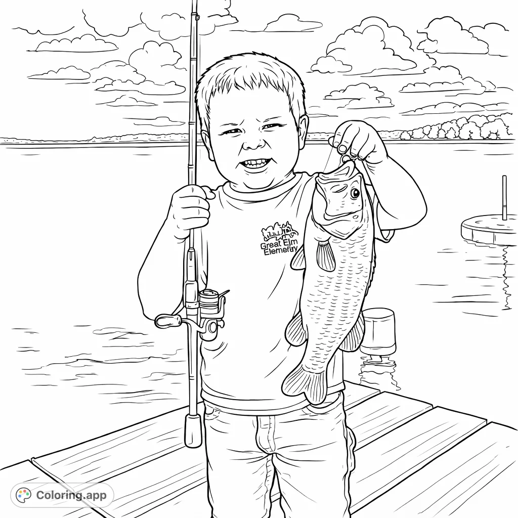 A joyful young angler proudly displays his sizable fish catch, standing on a dock by a serene lake under a cloudy sky. Perfect for fishing enthusiasts!