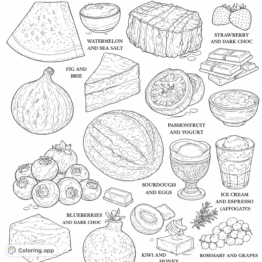 A rich assortment of gourmet food items from fruits and cheeses to baked goods and desserts, offering a detailed and engaging coloring experience for food enthusiasts.
