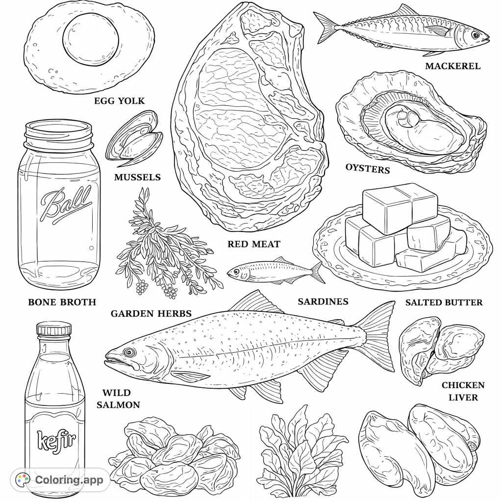 Explore a detailed coloring page featuring a diverse collection of wholesome, nutrient-rich food ingredients like salmon, meat, herbs, and more.