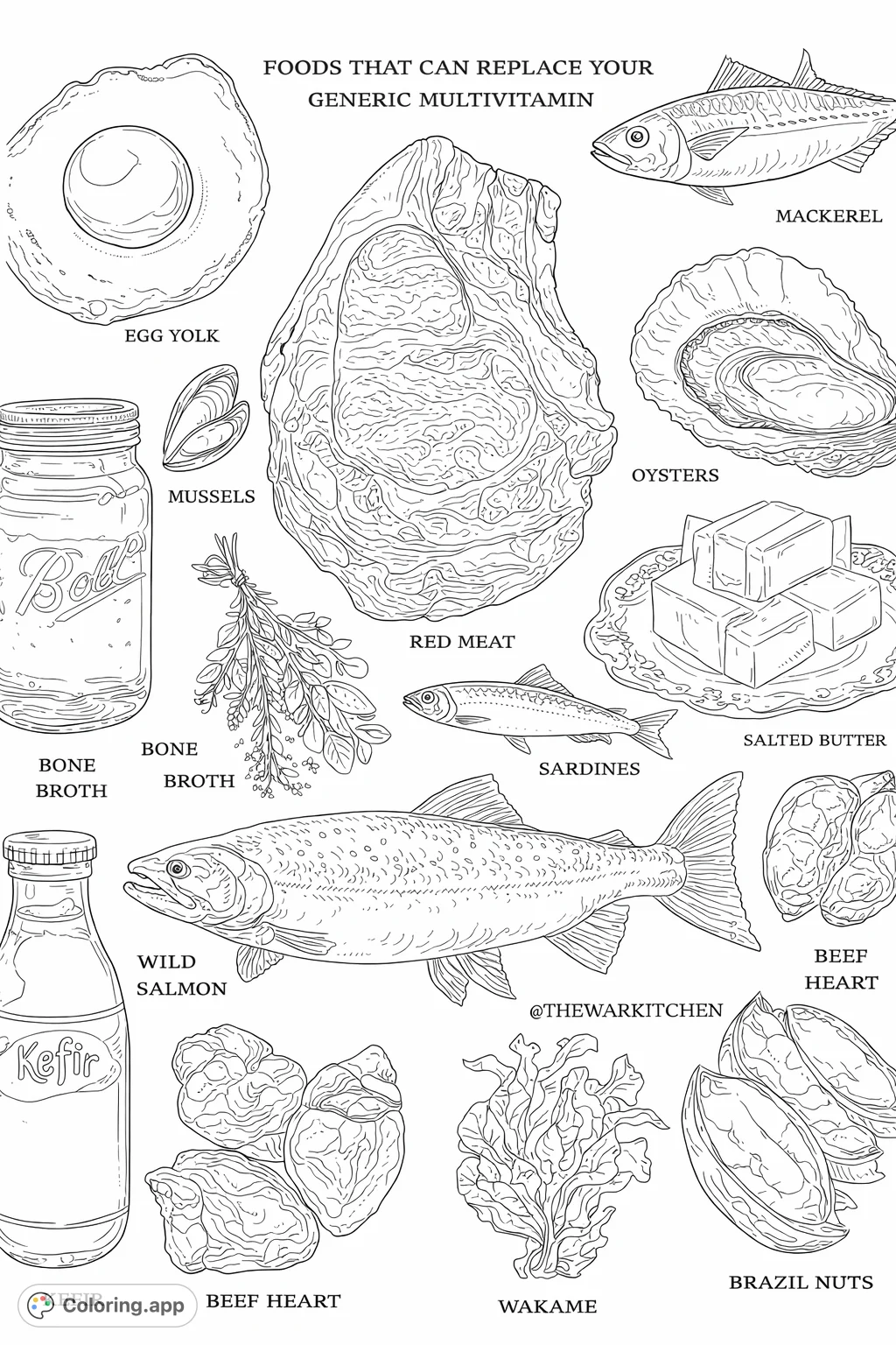 A comprehensive collection of nutritious whole foods including various meats, fish, dairy, herbs, and nuts, perfect for an educational and engaging coloring experience.