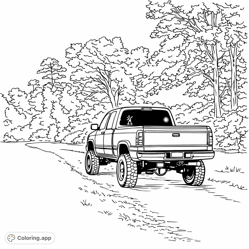 Adventure awaits! This lifted pickup truck on a winding country road offers a dynamic scene for all truck enthusiasts to color with imagination.
