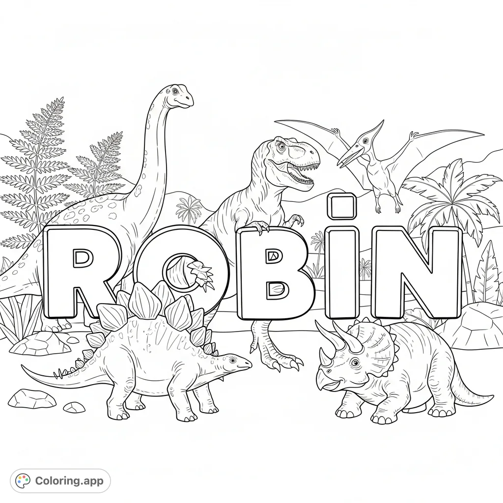 A fun, free printable ROBIN dinosaur coloring page for kids! Features the name "ROBIN" alongside various prehistoric creatures in a lush setting.