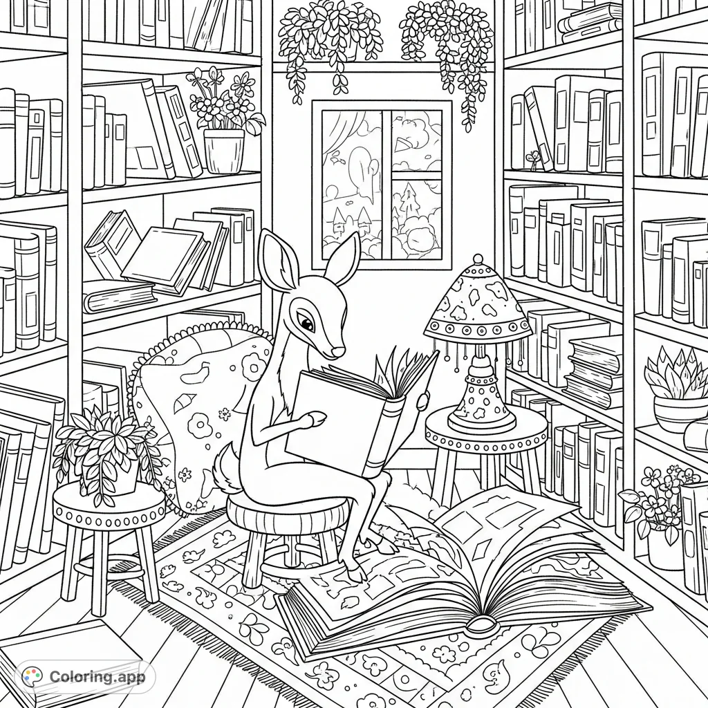 A charming doe customer enjoys a giant book in a cozy library nook, surrounded by towering shelves and a soft glow. Perfect for book lovers!