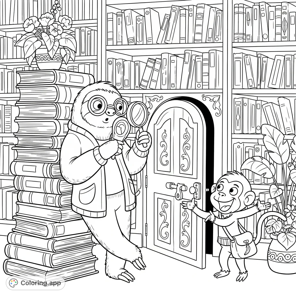 Discover a hidden door with a scholarly sloth librarian and her monkey assistant in a magical library. A charming, adventurous coloring page.