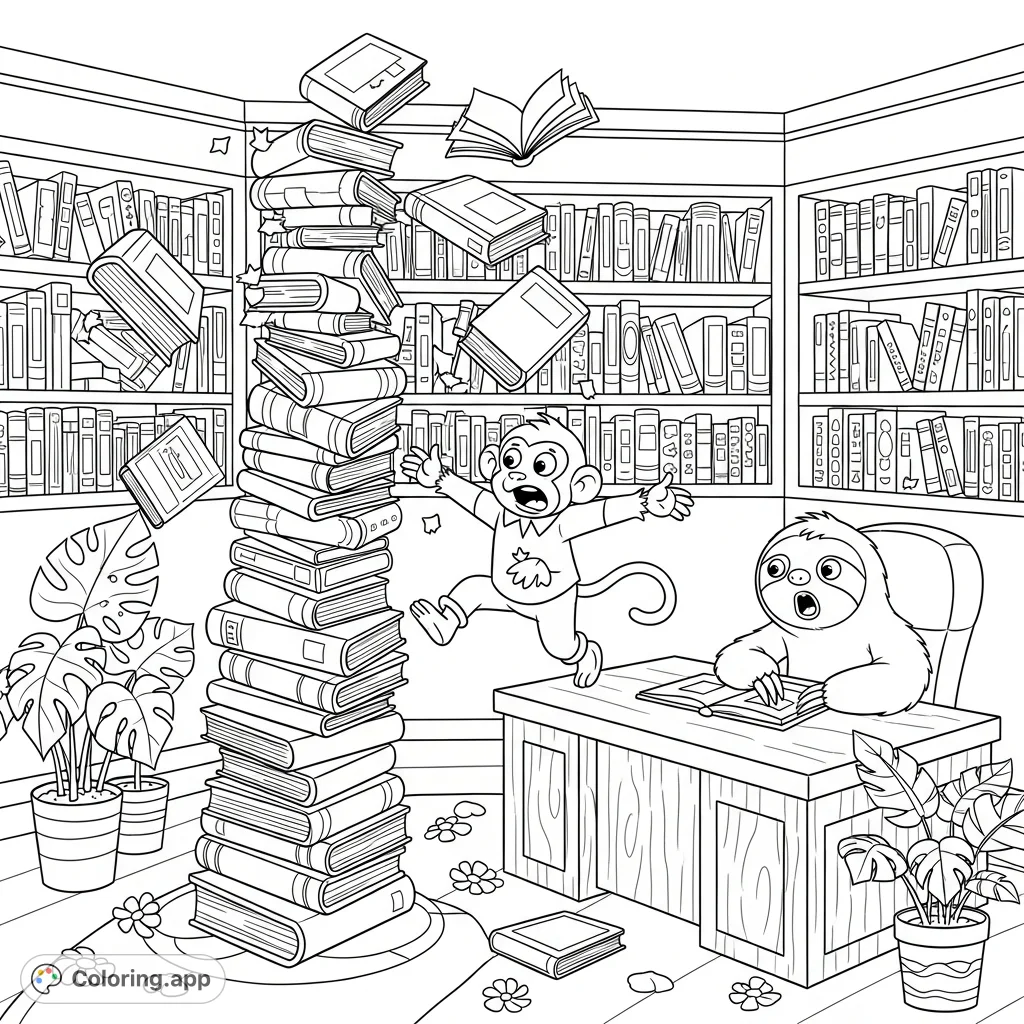 A whimsical library scene featuring a monkey assistant desperately trying to catch a collapsing book stack, while a sloth librarian watches in shock.