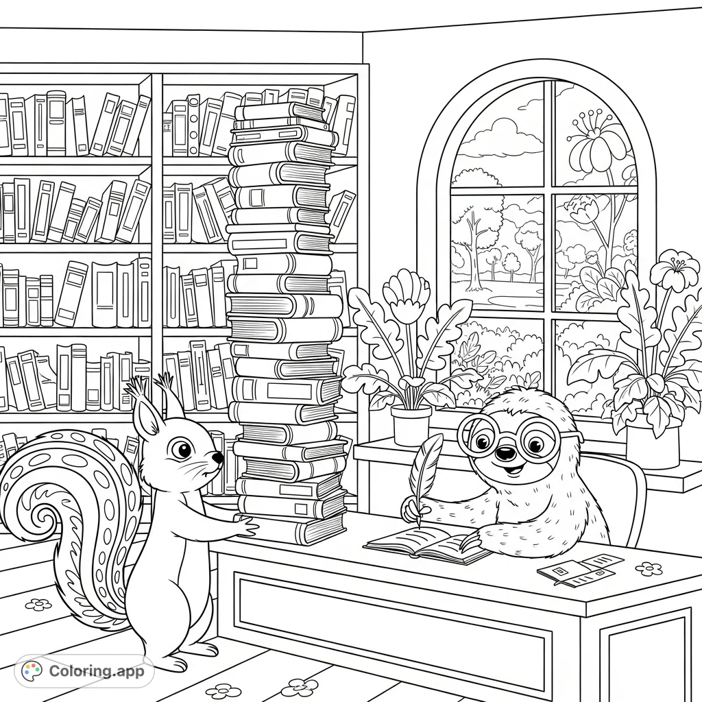 Experience a charming library scene featuring a busy squirrel returning overdue books to a calm sloth librarian amidst towering shelves and a peaceful window view.