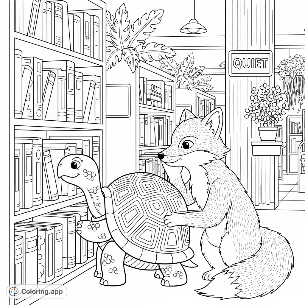 A charming library scene with a slow-browsing turtle and a whispering fox, perfect for fostering imagination and quiet contemplation.