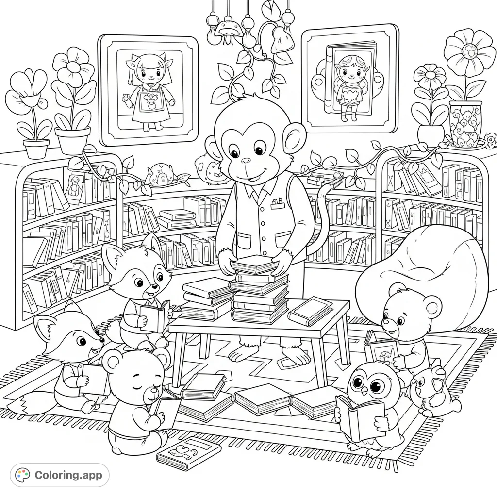 A charming children's library scene with a monkey assistant organizing books while forest animal children listen attentively after story time. Perfect for young learners!
