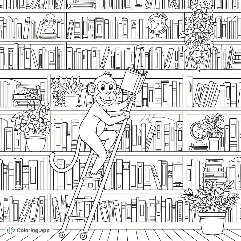 A whimsical library monkey assistant rides a rolling ladder across towering bookshelves packed with countless books, ready for a scholarly adventure.