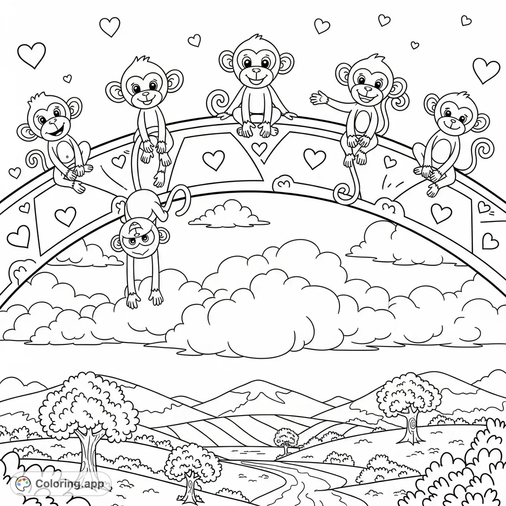 Five playful monkeys perch on a grand rainbow arc, overlooking a charming landscape with fluffy clouds and rolling hills, a perfect rainbow coloring page for fun.