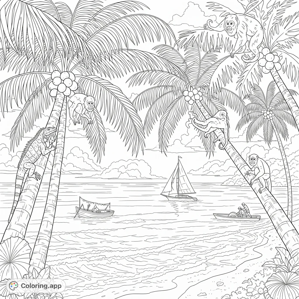 Explore a detailed tropical Costa Rican beach scene featuring swaying palm trees with coconuts, howler monkeys, an iguana, and various boats on the ocean.