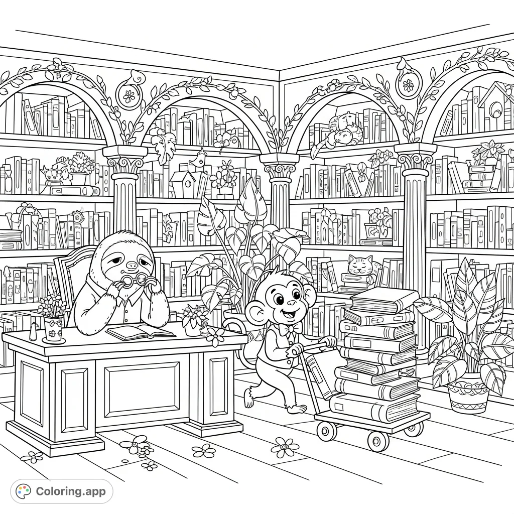 A delightful whimsical library scene featuring a gentle sloth librarian and her busy monkey assistant among towering bookshelves. Perfect for a cozy creative escape.