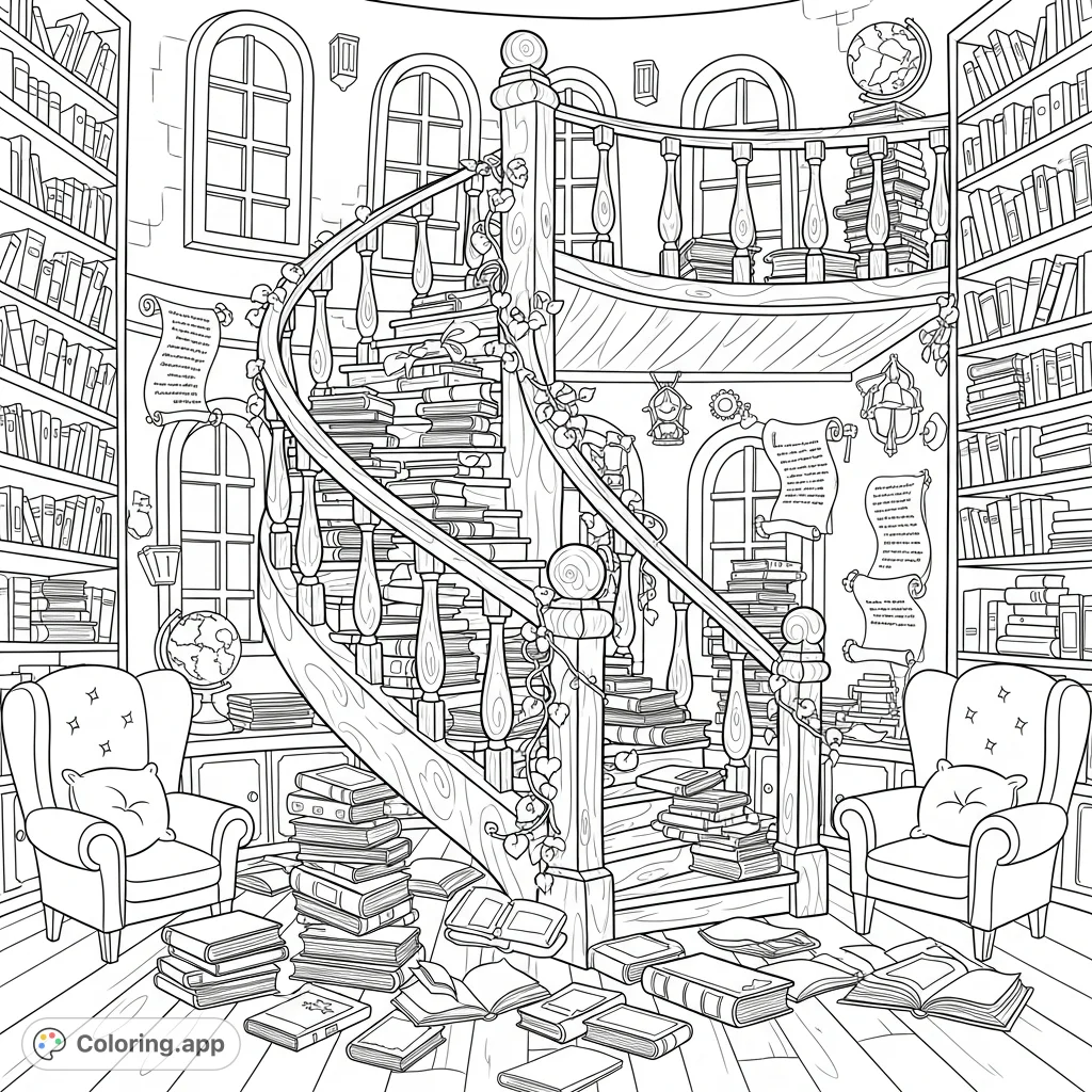 Explore a magical spiral staircase overflowing with books in a charming, whimsical library. A delightful escape for book lovers!