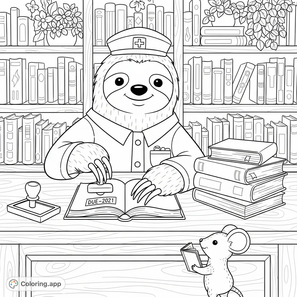 Color a charming whimsical scene with a Sloth librarian stamping books for a tiny mouse customer at a busy library desk, surrounded by shelves.