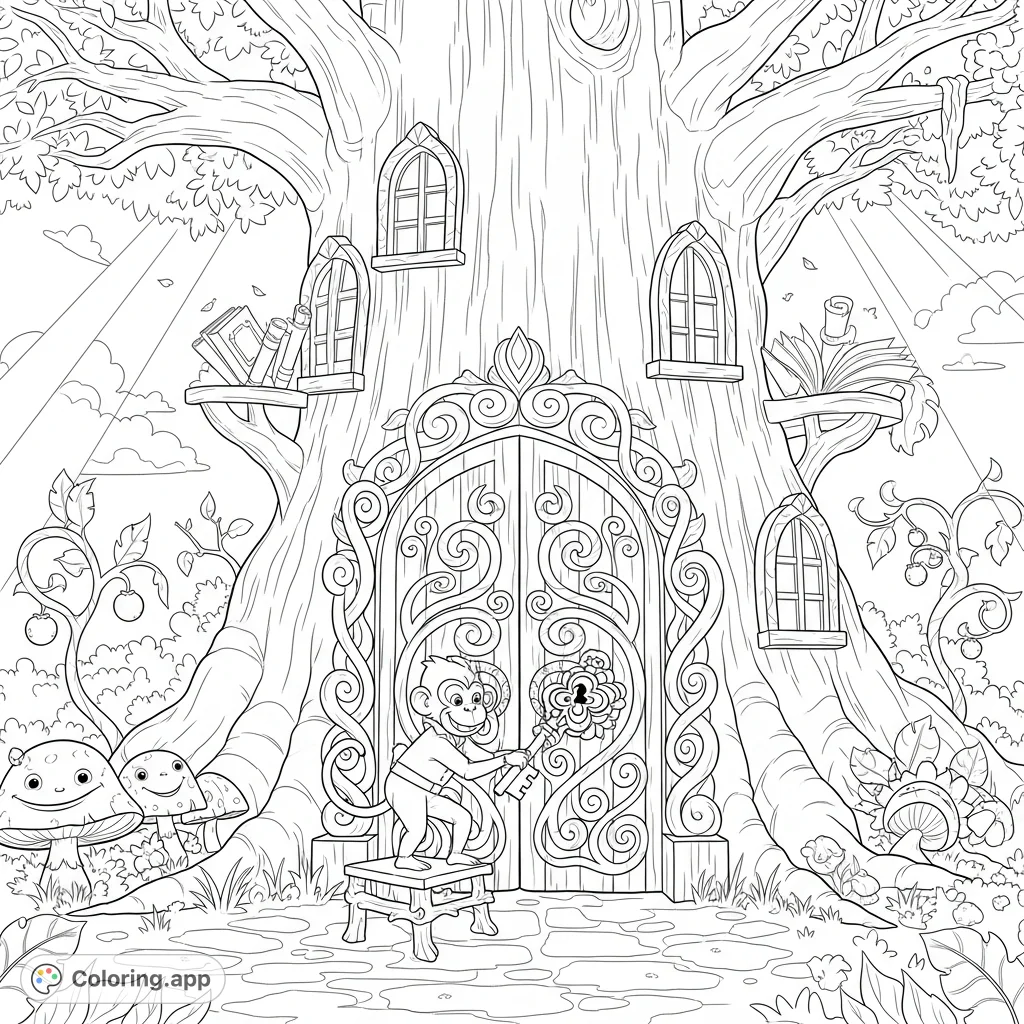 A charming Whispering Tree Library scene unfolds as a diligent monkey assistant unlocks its intricately carved wooden doors in the gentle morning light, ready for a new day of stories.