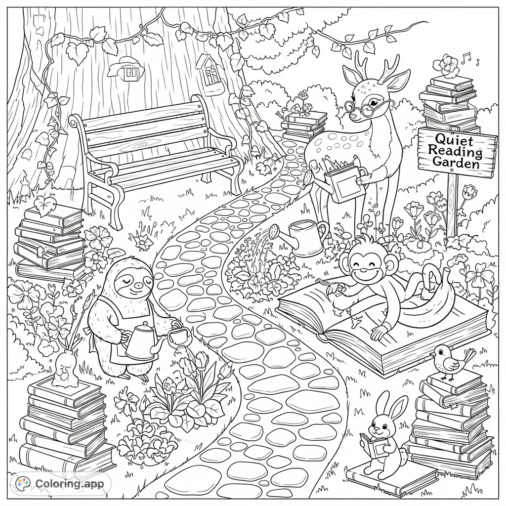 Explore a magical reading garden at the Whispering Tree Library, featuring a sloth librarian, monkey assistant, and various animals enjoying books. A charming scene for all ages.