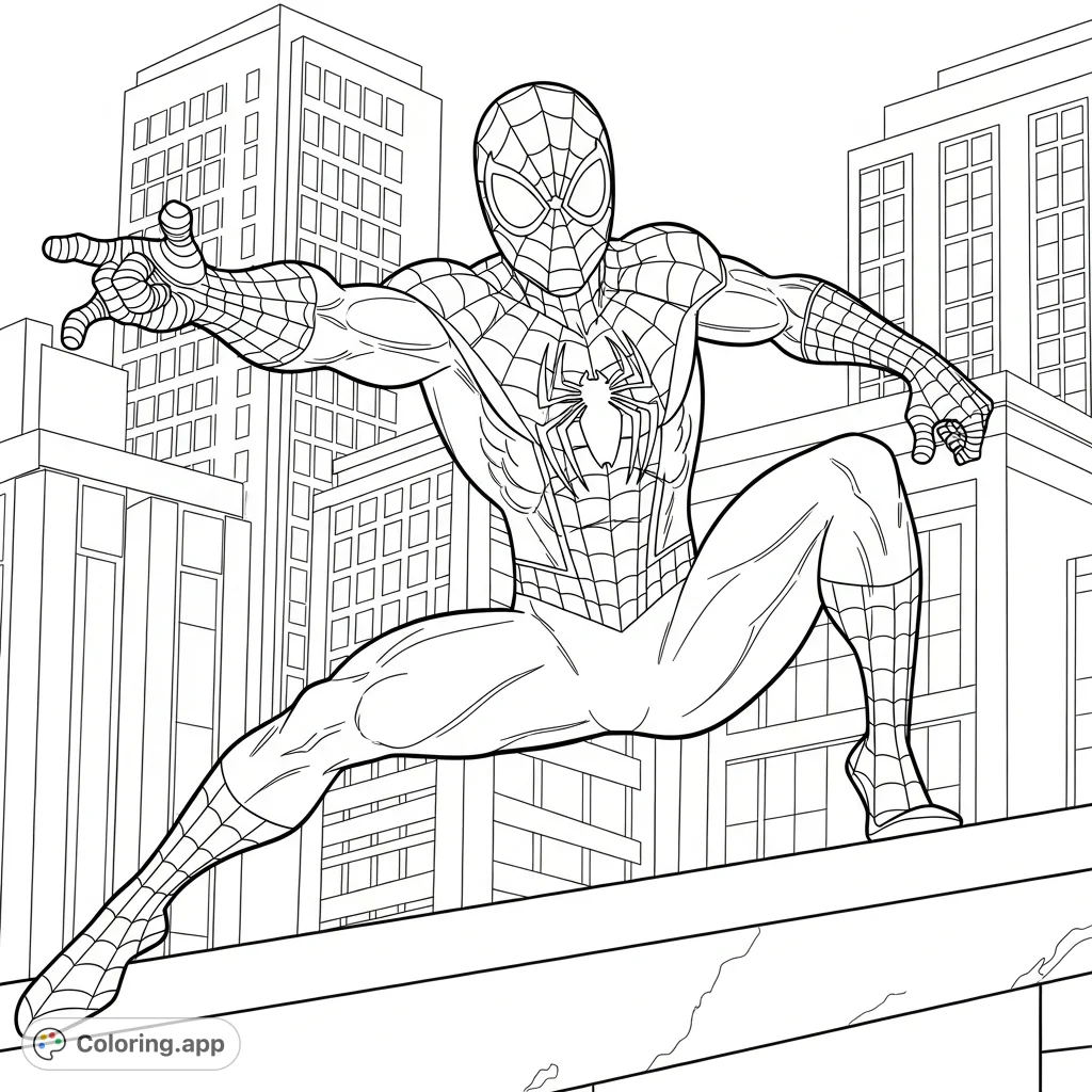 A dynamic, spider-themed superhero stands ready on a rooftop, overlooking a detailed cityscape. Perfect for fans of action and intricate web patterns.