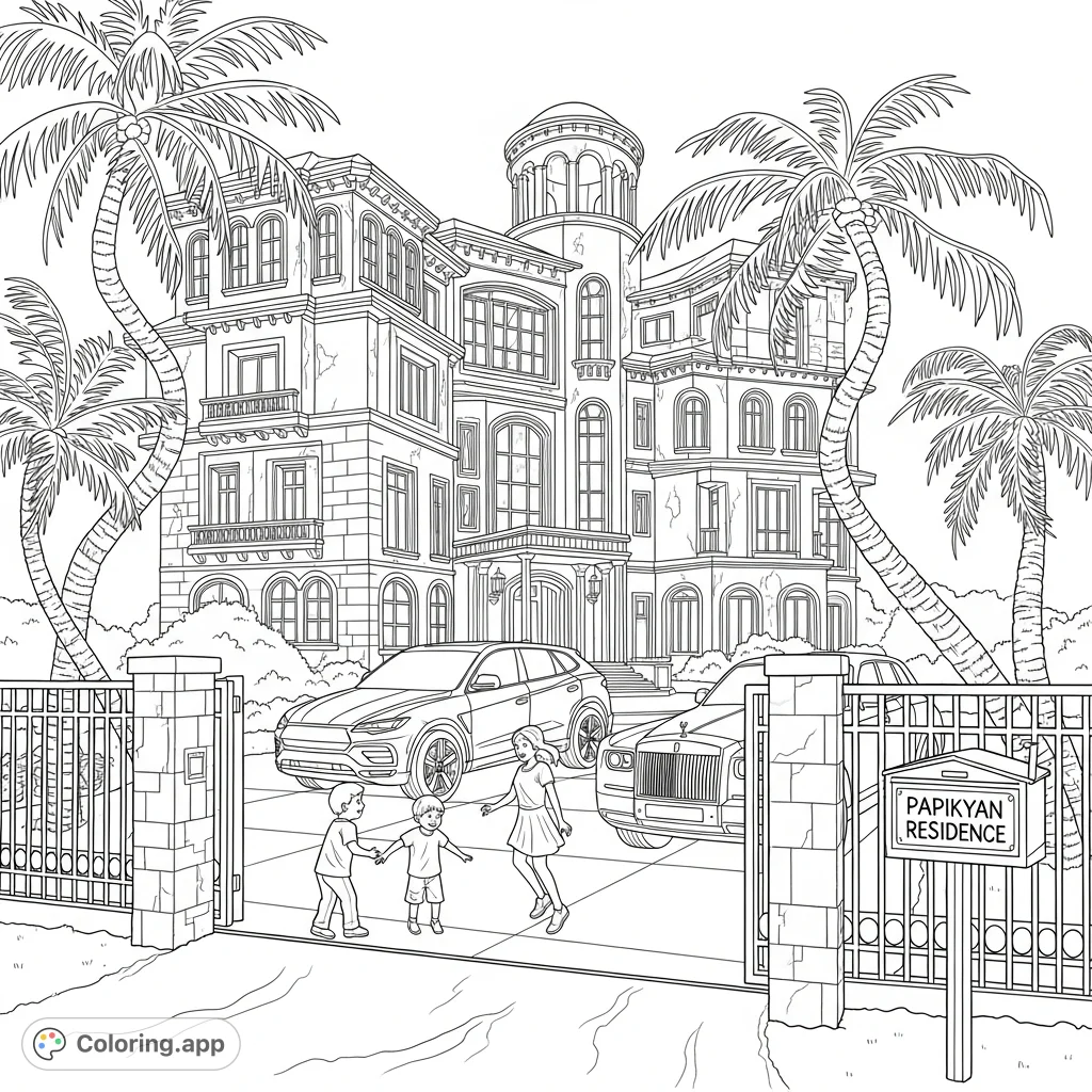 Color a lavish mansion with luxury SUVs, graceful palm trees, and children playing. Features intricate architecture and specific vehicle details for an engaging experience.