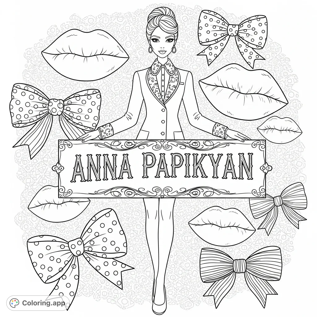 A chic girl holds a detailed banner with "ANNA PAPIKYAN" text, surrounded by cute lips and intricate, patterned bows against a geometric background. Perfect for fashion enthusiasts.