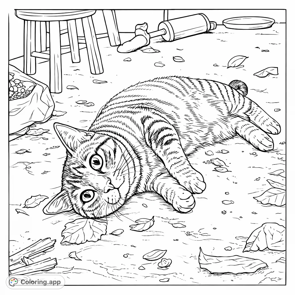 A charming tabby cat lounges on the floor amidst scattered leaves, inviting you to bring its expressive gaze and intricate stripes to life.