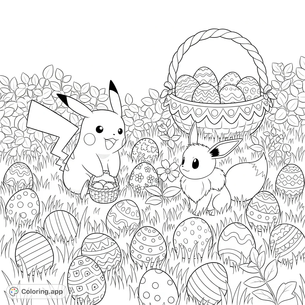 Join Pikachu and Eevee on an adorable Easter egg hunt! Discover them collecting patterned eggs in a delightful garden.