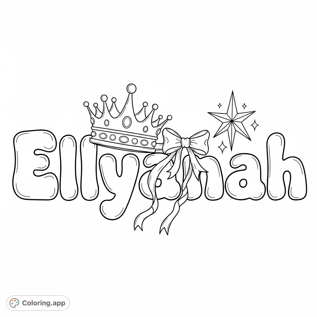 A delightful Ellyanah bubble font coloring page, featuring a regal crown, a delicate bow, and a shining star, perfect for personalizing names and decor.
