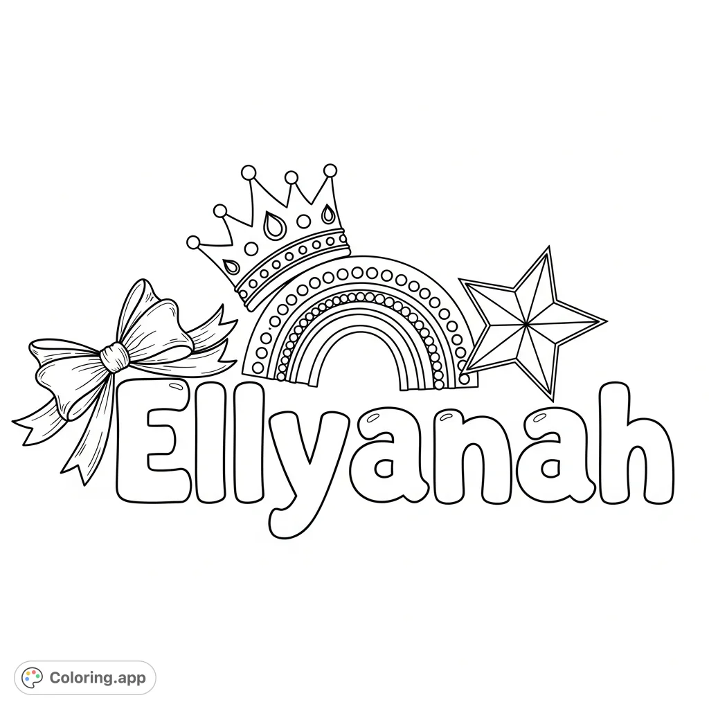 A delightful Ellyanah coloring page featuring a bubbly name, a majestic crown with a rainbow motif, a shining star, and a charming bow. Perfect for personalization!