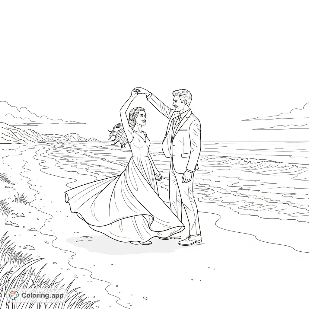 Capture the magic of a beach wedding with this elegant coloring page featuring a joyous couple dancing by the ocean. Perfect for romantic relaxation.