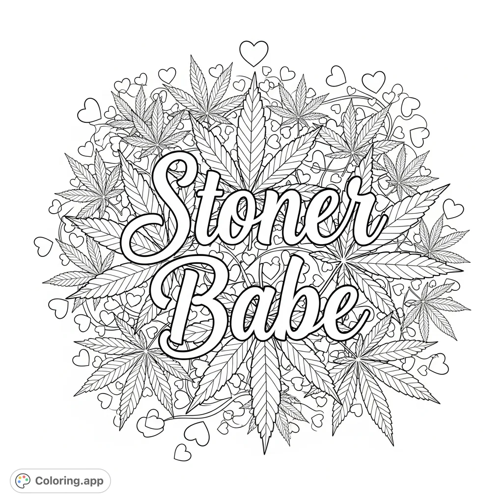 An intricate Stoner Babe coloring page featuring an elegant cursive quote surrounded by overlapping marijuana leaves and delicate heart outlines, creating a detailed pattern for adults.