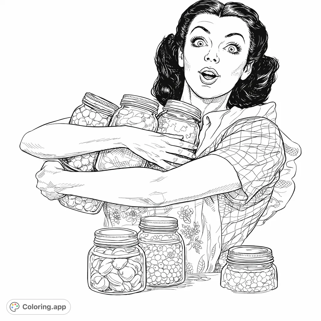 A charming vintage scene featuring a surprised woman proudly holding a collection of home-canned jars, celebrating domestic effort. Free printable coloring page for adults.