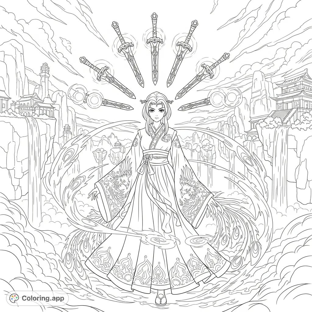 Unleash your creativity with this Xanxia warrior coloring page, featuring a female warrior, phoenix patterns, floating swords, and a celestial landscape.