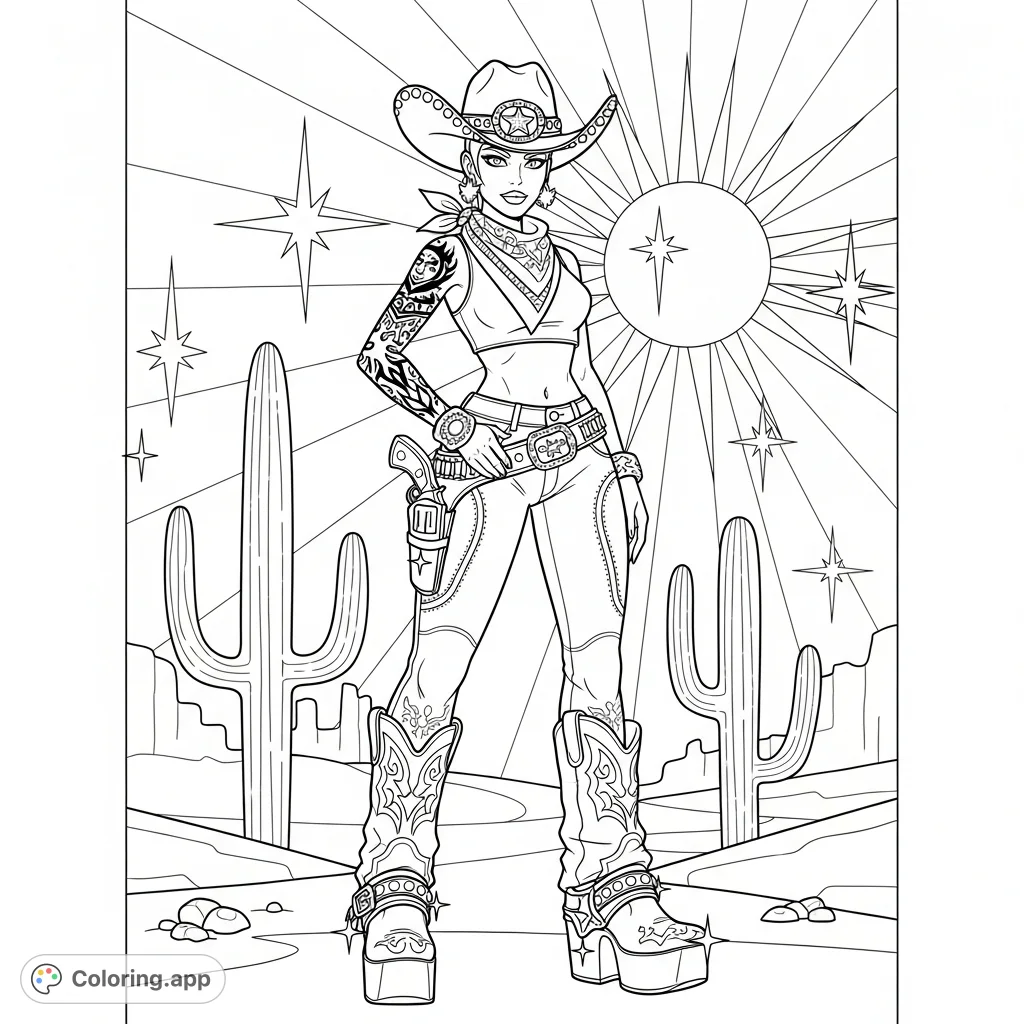 Unleash your inner glam with this Y2K Western coloring page featuring a dazzling cowgirl adorned with rhinestones, bold patterns, and a desert backdrop. Perfect for fashionistas!
