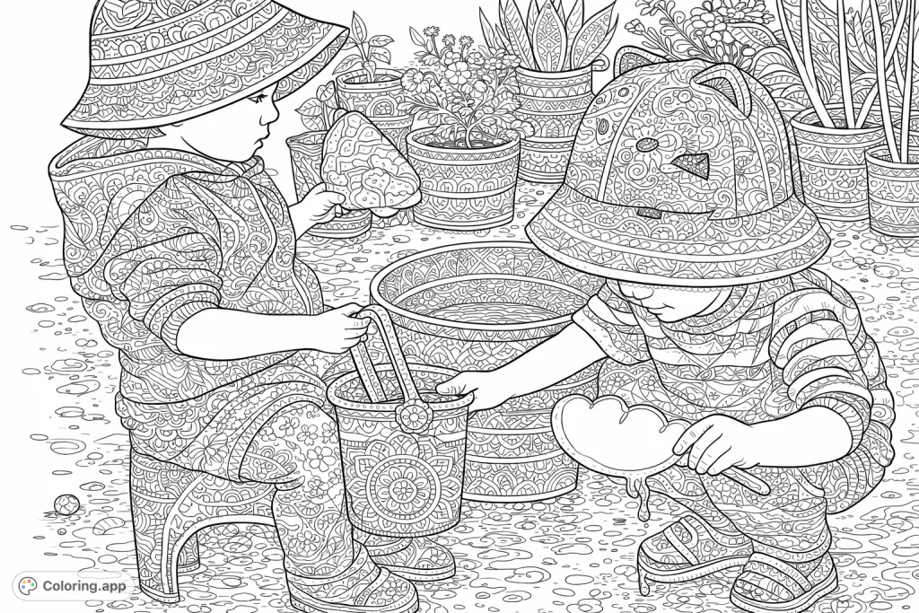 An intricate mandala-style coloring page depicting two toddlers engaged in joyful water play amidst a lush garden setting, filled with detailed patterns and natural elements.