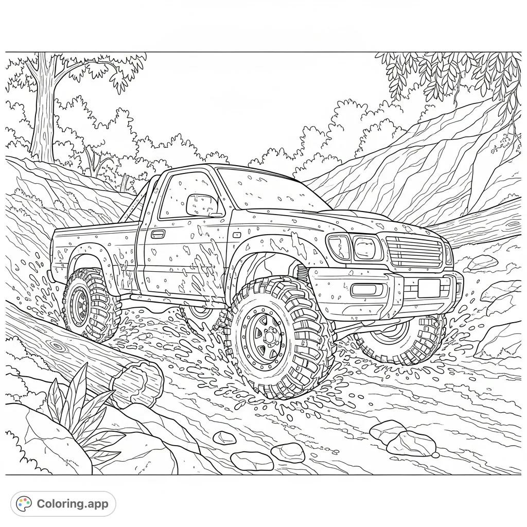 An exciting pickup truck coloring page, depicting a rugged vehicle deep in a muddy, off-roading adventure. Free printable coloring page for truck fans of all ages.