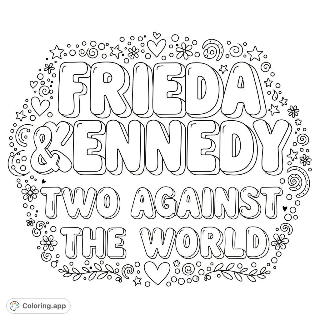 A delightful coloring page featuring the names Frieda and Kennedy in cute 3D lettering, accompanied by "Two Against the World" and whimsical decorative elements.
