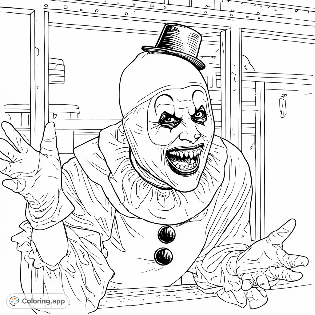 Encounter a chilling horror clown peering from a window, featuring a grotesque grin and ruffled costume. A suspenseful horror coloring page for adults.