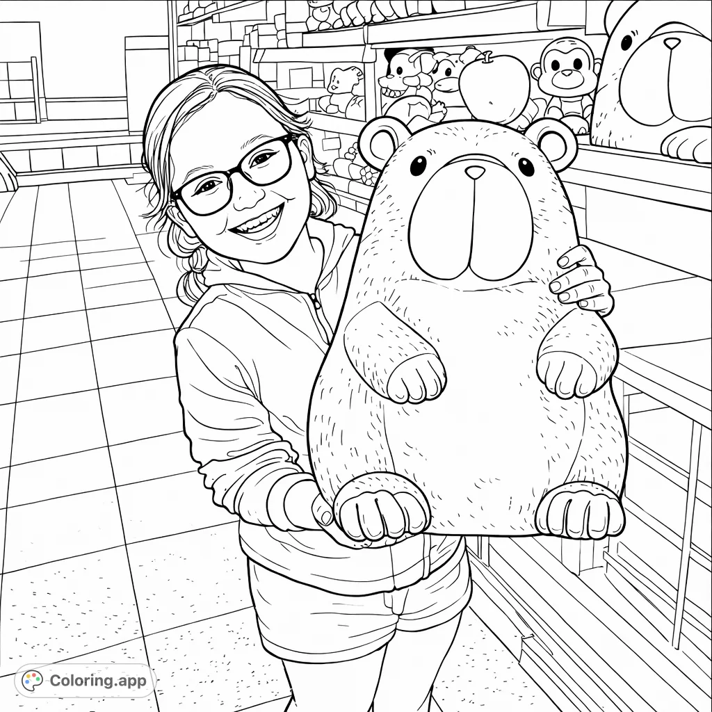 A joyful child smiles while embracing a charming woodland animal figure with a fruit on its head, set against a store aisle backdrop. A delightful coloring page.