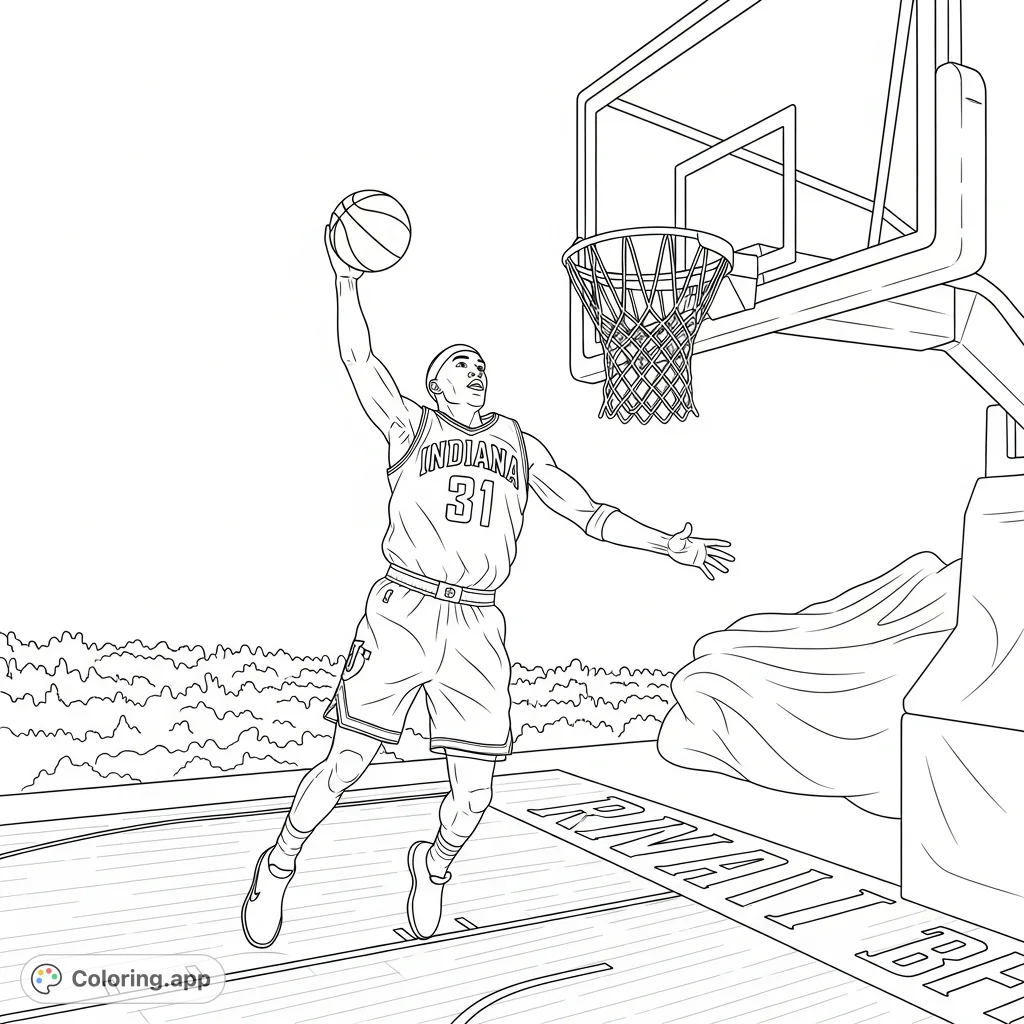 Capture the thrill of a powerful basketball dunk! An airborne player in an 'Indiana' uniform with number 31 descends towards the hoop.