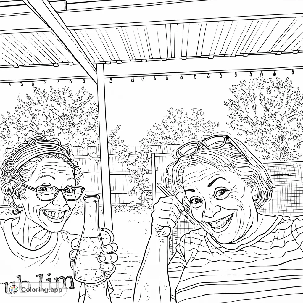 Two smiling women enjoy an outdoor gathering, one holding a glass water pipe and the other a smoking pipe, set against a fenced patio background.