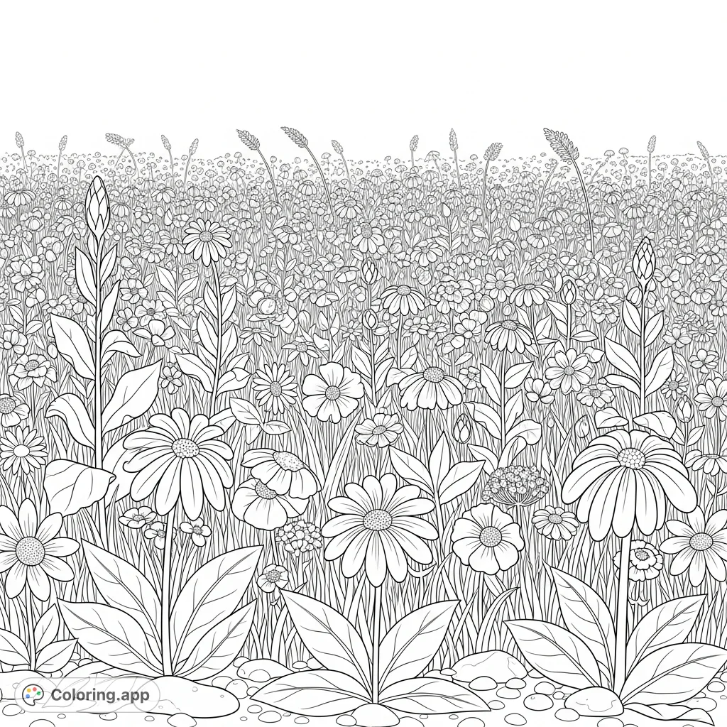 Immerse yourself in a serene flower field. This beautiful flower field coloring page offers endless opportunities to bring a vibrant botanical landscape to life.