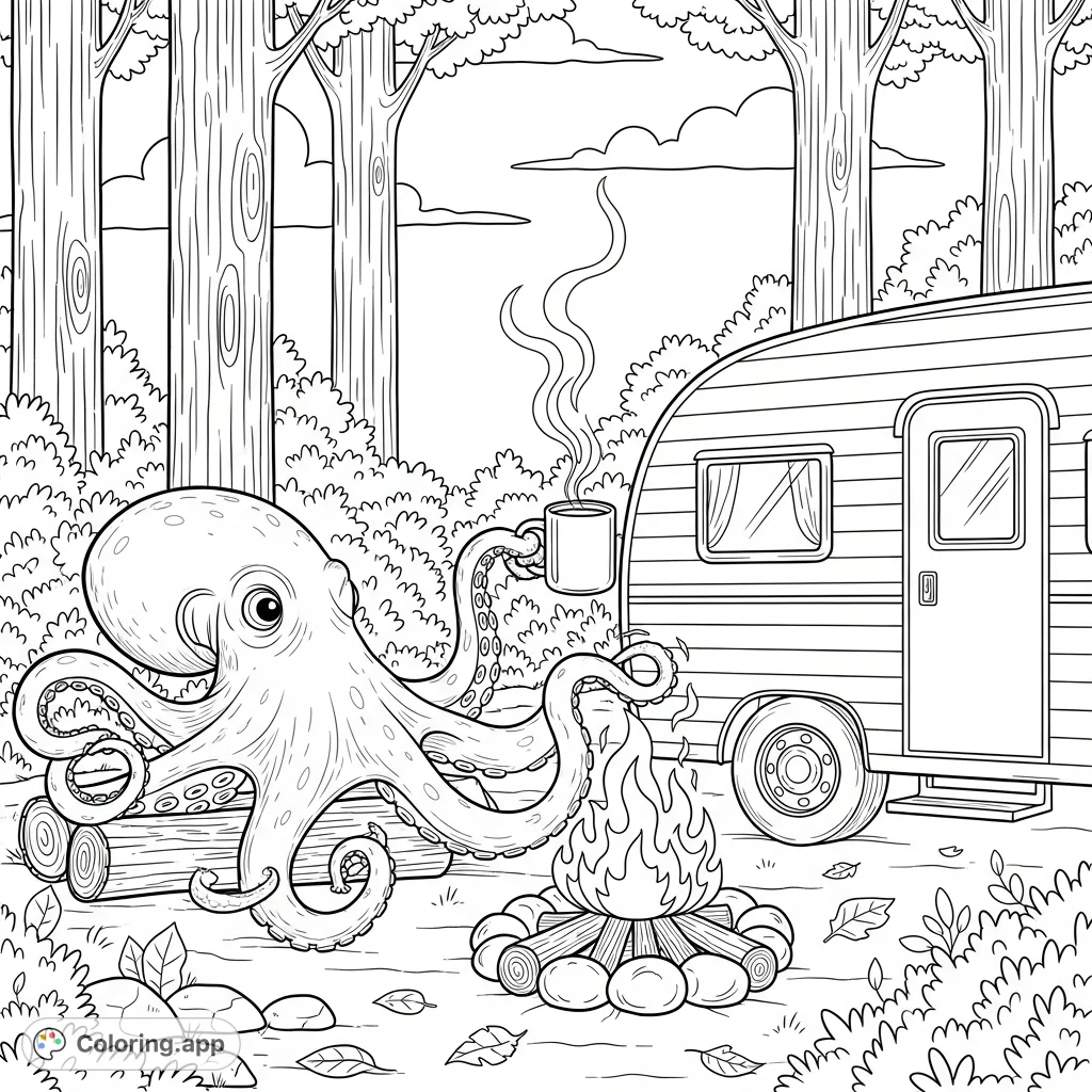 A whimsical octopus enjoys a morning coffee by a crackling campfire next to a cozy camper in a serene woodland setting. A unique, free printable coloring page.